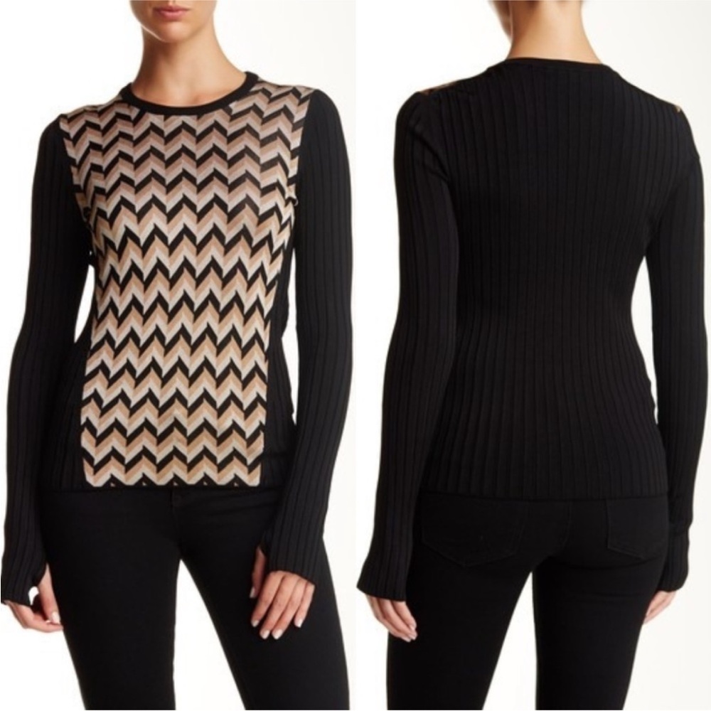Rag & Bone NY Elaine Crewneck Black Brown Geometric Zigzag Sweater Long Sleeve M